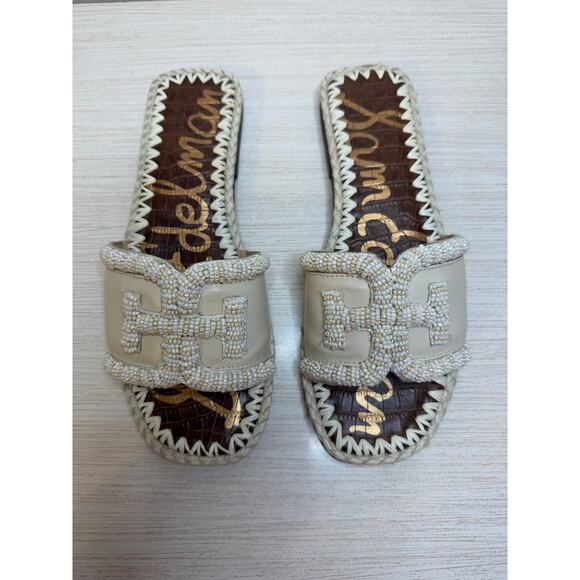 Sam Edelman Fitz Double-E logo Espadrille Slides Ivory Beaded Resort Beach 7.5 - Picture 2 of 4